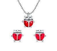 Bling Jewelry Red Lucky Ladybug Small Enamel Pendant Necklace and Stud Earrings Set Silver Tone Rhodium Plated For Women