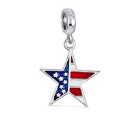 Bling Jewelry Red White Blue Stripe Holiday American USA Patriotic Flag Star Shape Dangle Charm Bead For Women Teens .925 Sterling Silver Fits European Bracelet