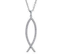Bling Jewelry Religious Pave Cubic Zirconia CZ Jesus Fish Ichthys Pendant Necklace For Women For Teen .925 Sterling Silver