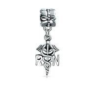Bling Jewelry RN Nurse Hat Nursing Caduceus Dangle Bead Charm For Women Graduate Oxidized .925 Sterling Silver Fit European Bracelet