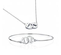 Bling Jewelry Romantic Delicate Working Lock CZ Accent Lock Handcuff Necklace Pendant & Bangle Bracelet For Women .925 Sterling Silver