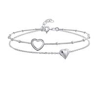 Bling Jewelry Romantic Love 2 in 1 Set Double Chain & Ball Two Hearts Anklet Ankle Bracelet For Women Teens .925 Sterling Silver Adjustable 9 To 10 Inch