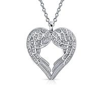 Bling Jewelry Romantic Love Gemstone Created Framed White Opal Heart Shaped Angel Wing Necklace Pendant For Women Girlfriend .925 Sterling Silver