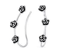 Bling Jewelry Romantic Retro 3D Flower Three Roses Wire Ear Pin Climbers Crawlers Rose Earrings For Women Oxidized .925 Sterling Silver