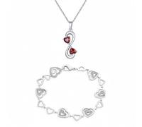 Bling Jewelry Romantic Ruby Red Double Heart Infinity Necklace & Clear CZ Multi-Heart Bracelet Jewelry Set For Women Wedding Birthday Sterling Silver.925