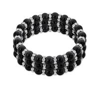 Bling Jewelry Set of 3 Black Ball Bead Stackable Strand Stretch Bracelet For Women White Crystal Rondelle Spacer Silver Plated Brass