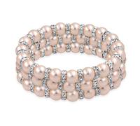 Bling Jewelry Set of 3 Light Pink Simulated Pearl Stackable Strand Stretch Bracelet For Women White Crystal Rondelle Spacer Silver Plated Brass