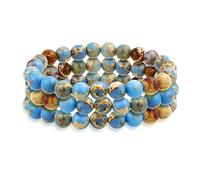 Bling Jewelry Set Of 3 Plain Stacking Round Beige Brown Blue Earth Tone Jasper Stone Ball Bead Stackable Strand Stretch Bracelet For Women Teen For Men 8MM
