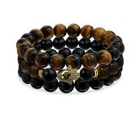 Bling Jewelry Set of 3 Stackable Brown Tiger Eye Black Onyx Round Bead Hamsa Hand Stretch Beads Bracelet for Women Men Teen - Gold Plated Metal