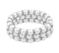 Bling Jewelry Set of 3 White Simulated Pearl Stackable Strand Stretch Bracelet For Women White Crystal Rondelle Spacer Silver Plated Brass