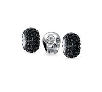 Bling Jewelry Set of Three Halloween Skeleton Skull Diameter De Los Muertos White CZ Eye & Solid Black Crystal Spacer Charm Bead For Women .925 Sterling Silver Fits European Bracelet