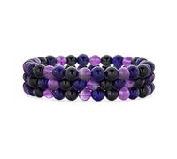 Bling Jewelry Set of Three Simple Semi Precious Gemstone Purple Amethyst Blue Lapis Black Tourmaline 6MM Round Bead Stretch Bracelet For Women Teen Layering Stackable