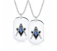 Bling Jewelry Set of Two Black Blue Freemason Compass Masonic Dog Tag Pendant Necklace For Men Silver Tone Stainless Steel With Bead Chain
