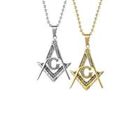 Bling Jewelry Set of Two Black Oxidized Large Freemason Secret Society Square & Compass Masonic Symbol Pendant Necklace For Men Silver Gold Plated Tone Stainless Steel With Bead Chain