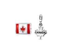 Bling Jewelry Set of Two Canadian Vacation Tourism Travel Red Enamel Patriotic Canada Flag & Maple Leaf Dangle Bead Charm For Women Teen Oxidized .925 Silver For European Bracelet