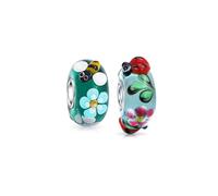 Bling Jewelry Set of Two Multicolor Bee & Ladybug Insect Flower Lamp work Murano Glass .925 Sterling Silver Core Spacer Bead Fits European Charm Bracelet For Women