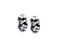 Bling Jewelry Set of Two Murano Glass .925 Sterling Silver Core Floral Black White Flower Spacer Charm Bead Fits European Bracelet For Women Teen
