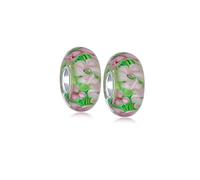 Bling Jewelry Set of Two Murano Glass .925 Sterling Silver Core Floral Green Pink Tropical Flower Spacer Charm Bead Fits European Bracelet For Women Teen