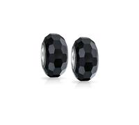 Bling Jewelry Set of Two Solid Black Faceted Murano Glass .925 Sterling Silver Core Spacer Bead Fits European Charm Bracelet For Women Teens