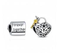 Bling Jewelry Set of Two Vintage Style Two Tone Heart Shape Filigree Lovers Lock & Key and Scroll Motif with Words Forever Together Charm Bead For Women .925 Sterling Silver Fits European Bracelet