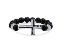 Bling Jewelry Sideways Cross Diagonal Black Onyx White Pave Crystal Stretch Bracelet For Men For Women Rhodium Plated Alloy