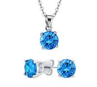 Bling Jewelry Simple Delicate Round AAA CZ Solitaire Brilliant Cut Light Blue Pendant Stud Earrings Set For Women Teens Simulated Topaz .925 Sterling Silver