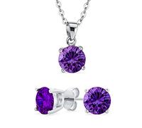 Bling Jewelry Simple Delicate Round AAA CZ Solitaire Brilliant Cut Purple Pendant Stud Earrings Set For Women Teens Simulated Amethyst .925 Sterling Silver