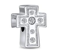 Bling Jewelry Simple Sparkling Spiritual Religious Clear CZ Cross Charm Bead For Women Teen Communion, Weddings .925 Sterling Silver Fits European Bracelet