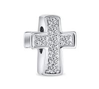 Bling Jewelry Simple Sparkling Spiritual Religious Clear Pave CZ Cross Charm Bead For Women Teen Communion, Weddings .925 Sterling Silver Fits European Bracelet