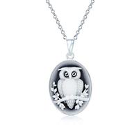 Bling Jewelry Simulated Black Onyx Carved Oval Branch Small Owl Cameo Pendant Necklace For Teen For Women .925 Sterling Silver