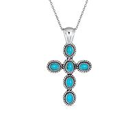 Bling Jewelry South Western Style Stabilized Blue Turquoise Rope Bezel Set Cross Pendant Necklace For Women .925 Sterling Silver