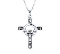 Bling Jewelry Spiritual Religious Irish Viking Eternal Trinity Celtic Knot Claddagh Cross Pendant Necklace For Women Teen Oxidized .925 Sterling Silver