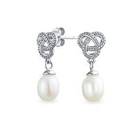 Bling Jewelry Sterling Silver CZ Pave Freshwater Pearl Bridal Love Knot Drop Earrings