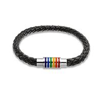 Bling Jewelry Striped Rainbow Flag Black Braided PU Leather LGBTQ Bracelet Woven Bangle Bracelet For Men For Women Stainless Clasp 7 Inch