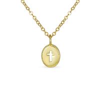 Bling Jewelry Tiny Petite Religious Mini Medallion Oval Cross Necklace For Pendant Women Teen Polished Yellow Gold Plated .925 Sterling Silver Milgrain Edge With Chain