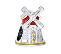 Bling Jewelry Tourism Travel Vacation Landmark Holland Dutch Windmill Red Enamel CZ Charm Bead For Women For Teen .925 Sterling Silver Fits European Bracelet