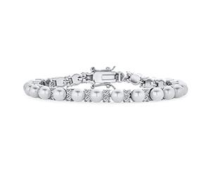 Bling Jewelry Traditional Bridal Alternating Round CZ Accent White Simulated Pearl Strand Bracelet For Women Wedding Silver Plated 7.25 Inch