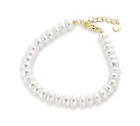 Bling Jewelry Traditional Classic Simple Bridal Genuine 5MM White Freshwater Cultured Button Pearl Hand Strand Bracelet For Women Teens Gold Plated Small Wrist 6.5 Inch 2 Inch Extension Adjustable