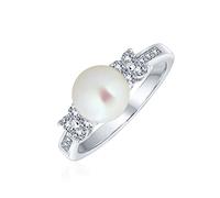 Bling Jewelry Traditional Timeless Wedding Pave CZ Band White Cultured Button Pearl Solitaire Engagement Promise Ring For Women Side Stones Silver Plated 8MM