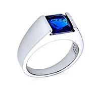 Bling Jewelry Traditional Unisex Personalize Simulated Blue Sapphire AAA CZ Square Princess Cut Solitaire Mens Engagement Ring Pinky Ring Silver Plated For Men Customizable