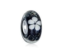 Bling Jewelry Translucent Floral Black White Flower Spacer Charm Bead Fits European Bracelet for Women Teen Murano Glass .925 Sterling Silver Core