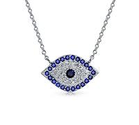 Bling Jewelry Turkish Blue Yellow Pave CZ Spiritual Protection Amulet Evil Eye Pendant Station Necklace For Women For Teen .925 Sterling Silver