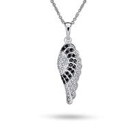 Bling Jewelry Two Tone Pave Black White Cubic Zirconia CZ Spiritual Guardian Angel Wing Feather Dangle Pendant Necklace For Women For Teen Silver Plated