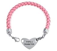 Bling Jewelry Type 2 Diabetes Medical Identification ID Bracelet Pink Braided Leather For Women Stainless Steel Custom Engraved