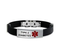 Bling Jewelry Type 2 Diabetes Waterproof Black Trim-to-Fit Adjustable Silicone Rubber Wristband Medical ID Bracelet For Men Steel 8.5In Custom Engraved