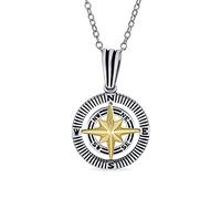 Bling Jewelry Unisex Explorer Travel Viking Disc Medallion Inspirational North Star Rose Compass Pendant Necklace For Men For Women Plated Two Tone .925 Sterling Silver with Chain