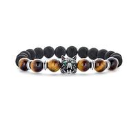 Bling Jewelry Unisex Jungle Animal Gunmetal Black Onyx and Brown Tiger Eye Round Bead Strand Stretch Fox Wolf Bracelet For Men Women Silver Plated Stackable Adjustable
