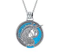 Bling Jewelry Unisex Large Round Statement Pegasus Medallion Celestial Blue Mythical Unicorn Pendant Necklace For Women For Men Teen Oxidized .925 Sterling Silver