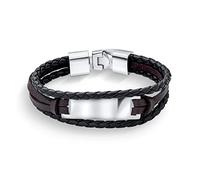 Bling Jewelry Unisex Personalize Black Rope Cord Brown leather Stacking Multi Strand Identification Name Bracelet For Men Teens Silver Tone Stainless Steel Customizable