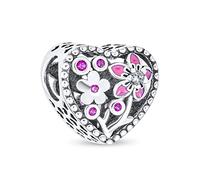 Bling Jewelry Valentine CZ Accent Love Grows With Pink Red Enamel Flower Heart Shape Charm Bead For Women Girlfriend .925 Sterling Silver Fits European Bracelet
